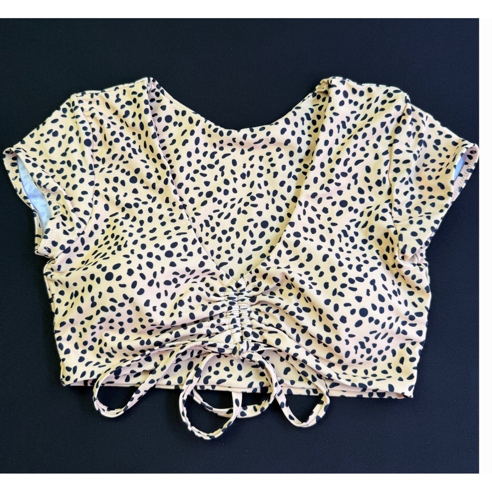Zaful Small 4 Bikini Set Tan Black Cheetah Print Ruched Crop Top Side Tie Resort - Picture 2 of 11